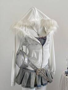 Sweetra Women's Contrast Fuzzy Trim Rhinestone Embellished Hooded Long Sleeve Sweatshirt, Christmas, Zip Up Sweatshirt, White Top, Autumn, Winter - White - View 7