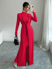 Elenzga 2pcs/Set Women Knitted Ribbed Turtleneck Colorblock Long Dress - Red - View 7
