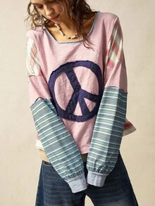 Bohemela 女式休闲针织拼布圆领长袖 T 恤 - 粉色 - 查看 6