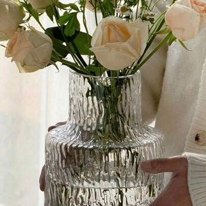 1 Set Vintage Textured Glass Vase, Home Decor Glass Vase, Wedding Decor, Dining Table Centerpiece Transparent Flower Vase, Retro Home Decor Vase, Wide Mouth Flower Bouquet Container, Desktop Decor, Hydroponics Plant Container