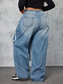 Slaydiva Plus Size Double Waistband Distressed Frayed Hem Streetwear Jeans - Blue - View 2