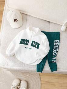SHEIN Babygirl 可爱休闲羊毛字母图案卫衣和裤子套装 - 白色 - 查看 3
