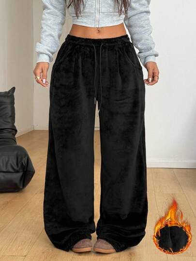 Coolane Women's Winter Streetwear Fashion Casual Vintage Basic Fuzzy Warm/ Cold Weather/ Thermal Comfortable Black Long Baggy Pants,Christmas,Black Pants