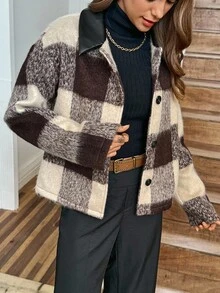 LanaWest Women's Western Casual Large Plaid PU Collar Jacket - Brown - View 4