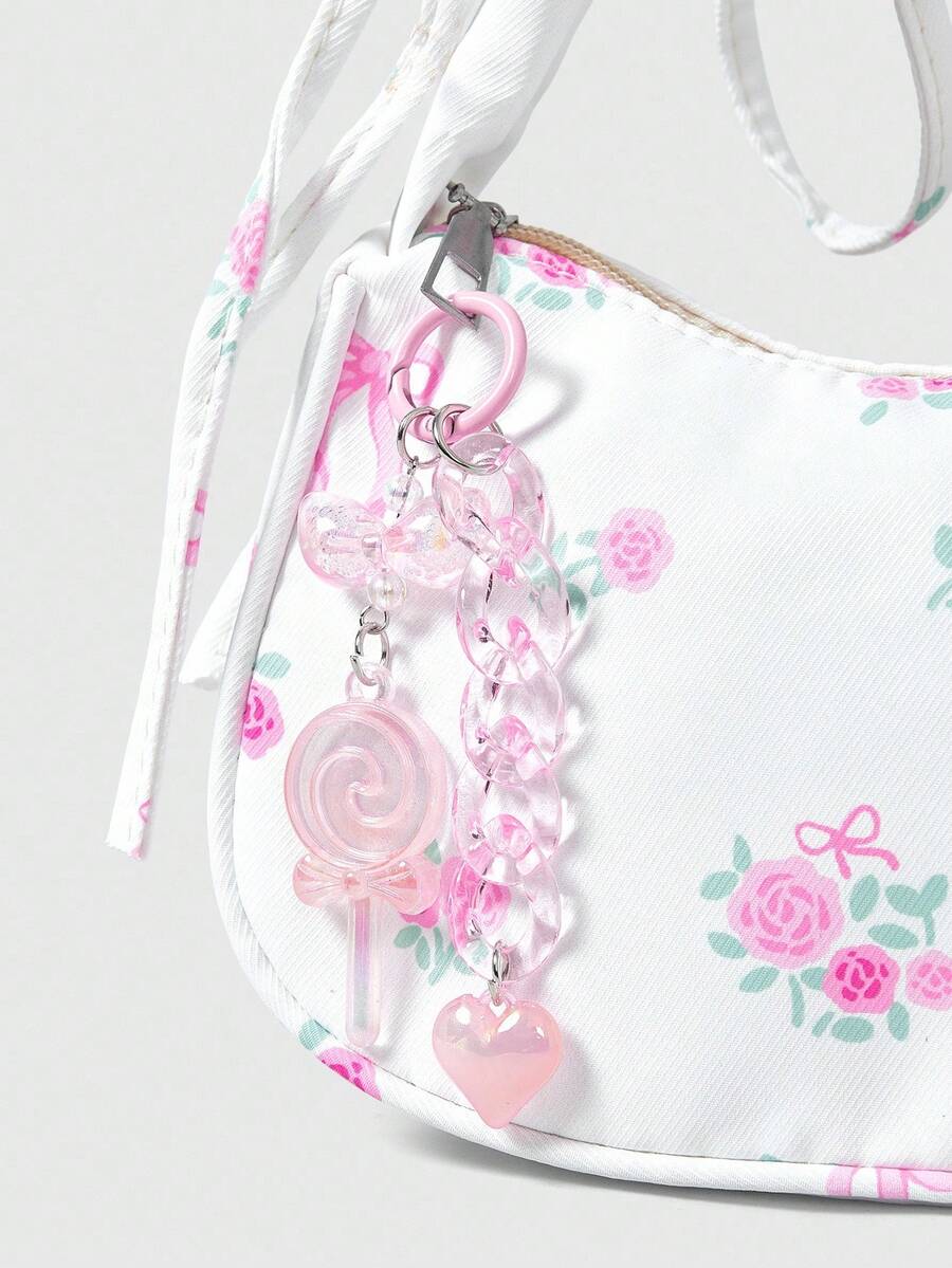 ROMWE Kawaii 1入組男女通用的新款閃亮亞克力棒棒糖形鑰匙扣吊飾,配有彩色分離扣環和心形裝飾,適用於袋子鑰匙扣,可愛的鑰匙掛繩 - 粉色 - 查看 1