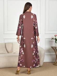 Al Najma 女式 V 领花卉印花优雅阿拉伯风格喇叭袖连衣裙 - 紅色 - 查看 2