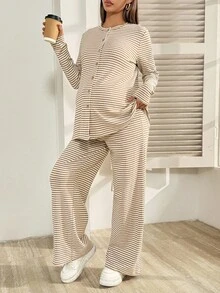 SHEIN 2件套孕妇休闲条纹上衣和裤子哺乳套装，秋季