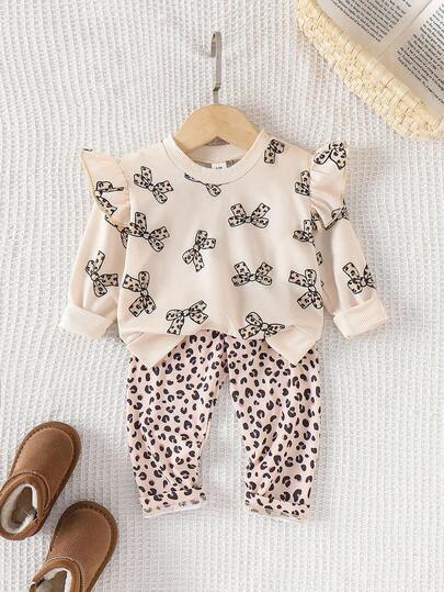 2pcs Baby Girls Knitted Ruffle Trim Long Sleeve Leopard Print Bow Sweatshirt & Leopard Print Long Sleeve Outfit, Fashionable Casual Children Everyday Wear