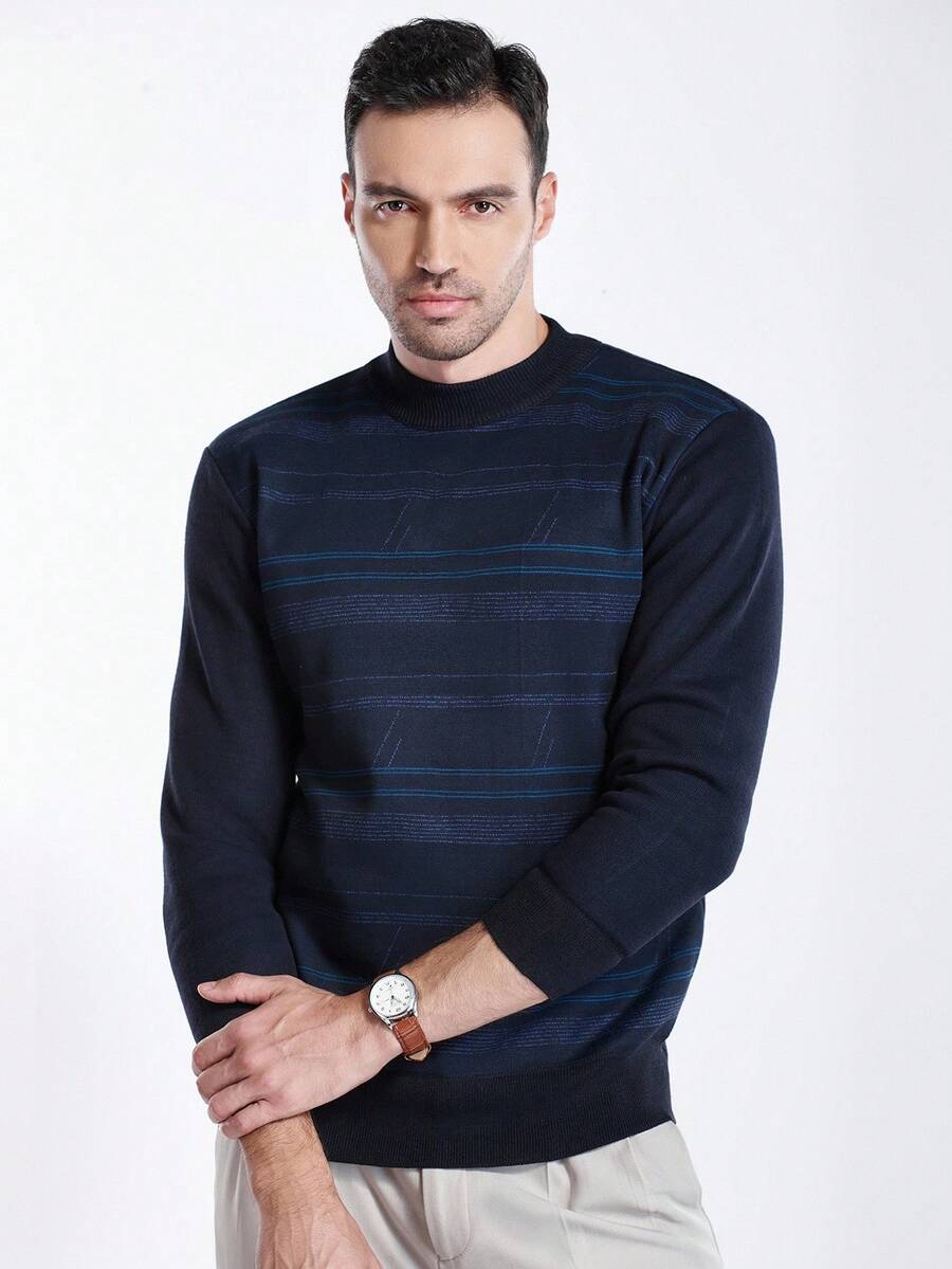 Manfinity CityGents 男士条纹羊毛圆领套头衫，秋冬 - 藏蓝色 - 查看 1