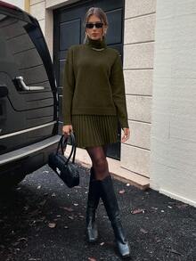 SHEIN LUNE 2pcs Women High Neck Drop Shoulder Long Sleeve Solid Color Knit Sweater Set - Army Green - View 6
