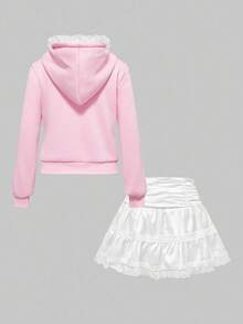 ROMWE Kawaii Women's Cute Glitter Text Bow Ribbon Hat With Wings & White Cake Skirt 2 Pieces Set, Autumn/Winter - Pink - View 2