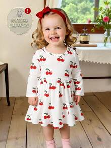 SHEIN Baby Girl Sweet Cherry Print Embroidered Effect Round Neck Long Sleeve A-Line Dress, Suitable For Outings In Autumn - Multicolor - View 1