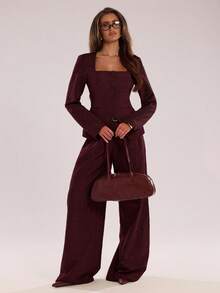 SHEIN BAE Blazer de oficina con diseño de cuello cuadrado distintivo para mujeres, ropa de otoño e invierno - Burdeos - Ver 3