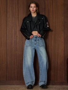 Easelle 复古游牧风低腰水钻弧形女式牛仔裤 宽松牛仔裤 Y2K牛仔牛仔裤 女式牛仔裤 筒腿牛仔裤 女士西部牛仔裤 - 藍色 - 查看 6