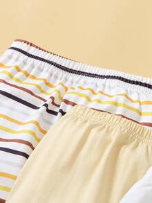 SHEIN Playful Pals 4 件套新生儿男女款纯色条纹连脚裤，舒适休闲、运动、家居服，适合春秋季 - 杏色 - 查看 5