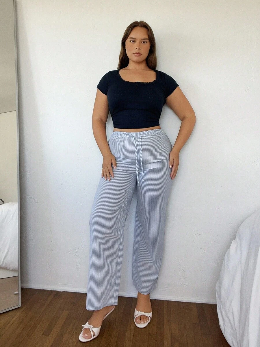 Nezia Cruz Petite Ladies Pink And White Casual Home Striped Trousers Suitable For Spring And Summer,Cargo Pants - Blue - View 1