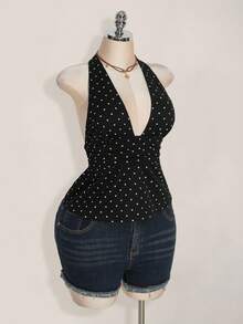 SHEIN ICON 大码露背深 V 领褶皱 A 字形露背波尔卡圆点吊带背心、复古 Y2K 露背波尔卡圆点吊带背心、娃娃装波尔卡圆点露背上衣 - 黑與白 - 查看 6