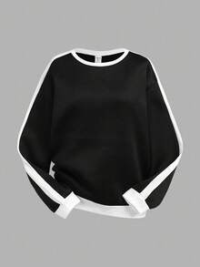 2 件套青少年女孩休闲运动家居服运动衫和阔腿运动裤套装，拼色超大圆领长袖连帽衫和裤子返校装，黑白