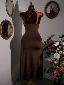 Amplova Y2K Retro Romance Plus Size Women Embroidered Fitted Halter Tie Back Dress Brown Dresses Classy Elegant