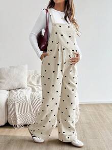 SHEIN 孕妇休闲时尚学院风满心印花灯芯绒连体裤，秋季