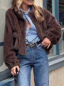 Solivie Women's Casual Loose Faux Fur Collar Long Sleeve Coat, Solid Color, In Autumn/Winter,Fall