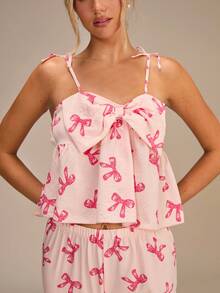 Enchnt Romantic Spaghetti Strap Bow Women Pajama Set ,Vacation - Pink - View 2