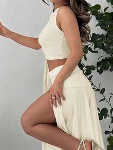 Jemour Ladies' Solid Color Graduation Season White Dress, Asymmetric Oblique-Shoulder Top With Tied Straps + Asymmetrical Hem High Side Slit Ruched Skirt - Apricot - View 3