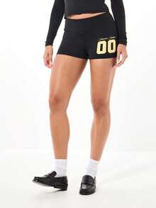 SUMWON WOMEN Classic Hot Pants High Waist With Varsity Numbers Gold Logo Detail Booty Shorts Clubwear Party Bottoms - Black - View 4