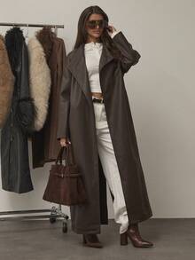 SHEIN BAE 女式秋季 PU 皮革时尚街头休闲蝙蝠袖裹身纽扣前系带风衣夹克 - 棕色 - 查看 3