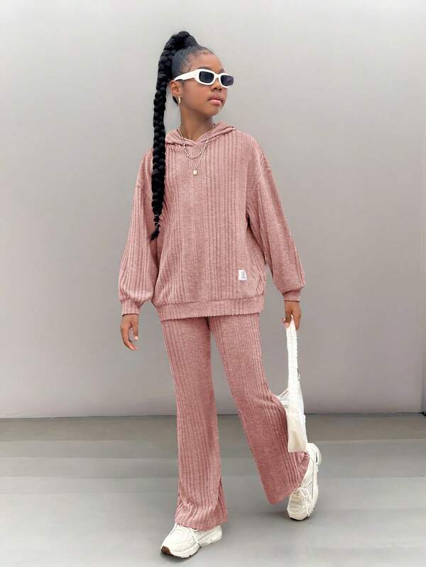SHEIN Tween Girls Casual Knit Hoodie Set Teen Two Piece Long Sleeve Set Girl Co Ord Sets Girls Ribbed Set Sweatshirt Straight Pants Suit Tween Girl