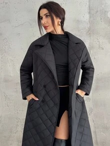 Firerie Women's Casual Everyday Commute Street Fashion Urban Chic Comfortable Turndown Collar Belt Double-Breasted Pocket Quilted Mid-Length Black Padded Coat, Autumn Winter Clothes For Women,Women's Winter Clothes - Black - View 5