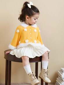 Casaco de Tricô Poncho Floral Amarelo Fofo e Casual para Meninas, Macio e Confortável, Adequado para Uso Diário, Outdoor, Viagem, Férias, Casa, Creche, Outono/Inverno, Natal, Volta às Aulas, Festa, Versátil Suéter de Inverno Natal Halloween Outono Inverno Casacos Suéteres - Amarelo - Visão 7