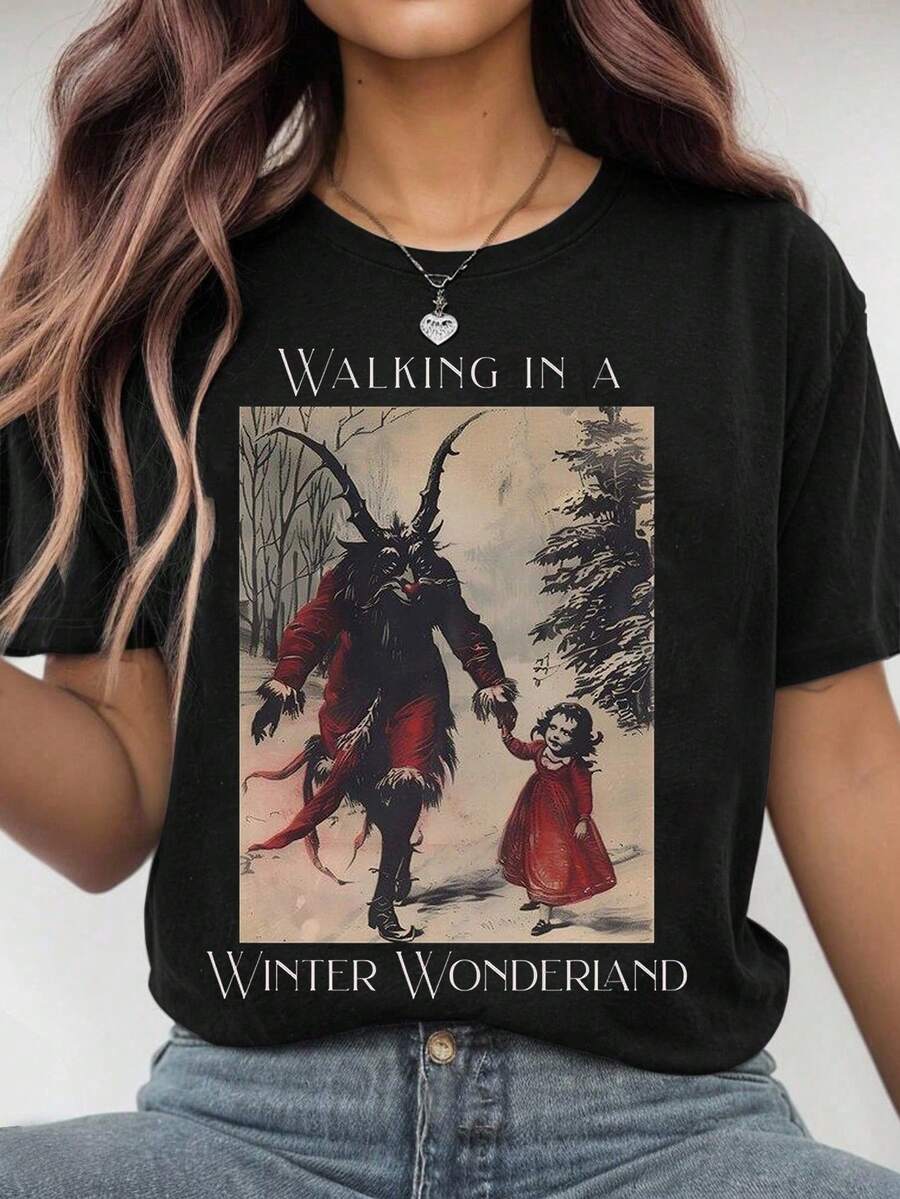 EMERY ROSE Camiseta de Navidad con estampado retro y divertido de paseo invernal en un mundo de maravillas, para mujer, de verano - Negro - Ver 1