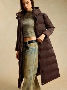 Easelle 棕色连帽长袖拉链休闲长款冬季女式夹克 - 棕色 - 查看 1