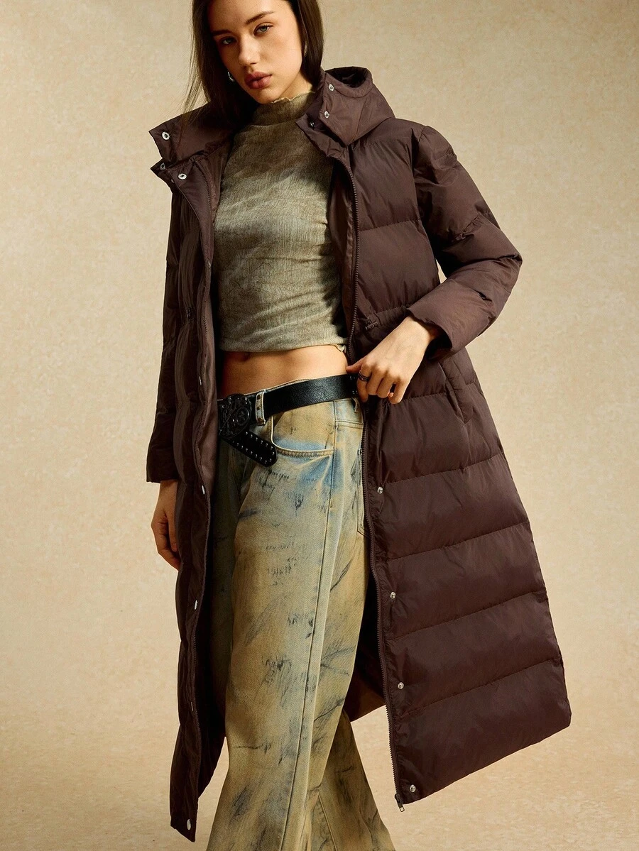 Easelle 棕色连帽长袖拉链休闲长款冬季女式夹克 - 棕色 - 查看 1