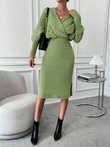 EMERY ROSE Vestido de punto con mangas de murciélago, bajo dividido y envolvente, conjunto de dos piezas de punto, conjunto de suéter y falda, conjunto de dos piezas de invierno - Verde - Ver 3