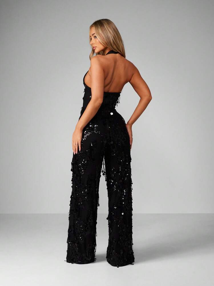 MISSGUIDED Sequin Halter Jumpsuit With Plunge Neckline