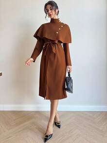 Firerie Women's Elegant, Refined, Dignified Daily, Street Fashion, Commute, Teacher Cape-Style With Belt, Metal Button Decor A-Line Mid-Length Camel Regular Coat, Autumn Winter For Women Coffee Brown French Style - Camel - View 5