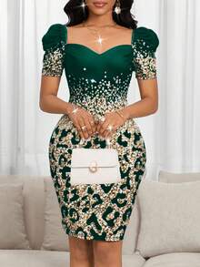 SHEIN Lady 2025 New Women's Elegant Floral Print Short Sleeve Dark Green Midi Dress,Dresses For Women Elegant New Year Outfit Christmas Party Dress Elegant Dresses For Party