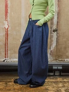 COUREZ 低腰超宽松条纹长裤/Y2K 女士秋装 女士冬装 休闲下装 阔腿裤 外出装 休闲 - 深色水洗藍 - 查看 4