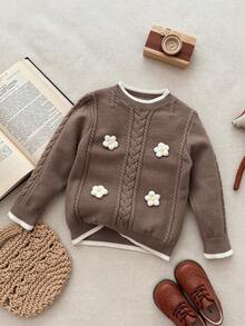 Blossori Young Girls' French Elegant Floral Crew Neck Long Sleeve Sweater - Coffee Brown - View 4