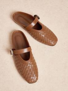 Rosivie Sepatu Selop Datar Wanita, Desain Anyaman Ujung Persegi, Nyaman & Elegan - Coklat - View 3