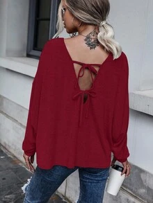 EMERY ROSE Casual Solid Color Batwing Sleeve Back Tie T-Shirt, Autumn - Red - View 4