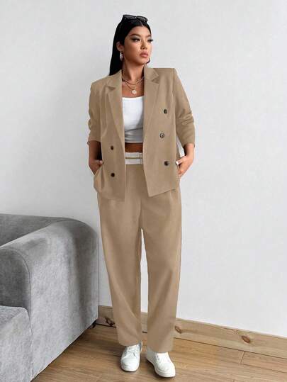 Flirla Plus Size Vintage Double-Breasted Blazer And Tapered Pants 2 Pieces Set, Spring/Autumn Blazer Set Women Linen Two Pieces Set 2 Pieces Sets Woman Classy Pants Suit Women Suit Set