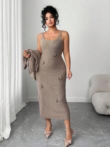 Elenzga Plus Size Solid Color Elegant Knitted Floral Dress With Batwing Cardigan Sweater Set - Khaki - View 4