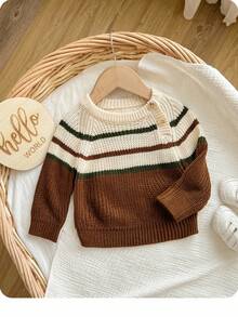 SHEIN Newborn Fashionable Contrast Color Striped Pullover Long Sleeve Sweater Christmas Newborn Outfits, Autumn/Winter
