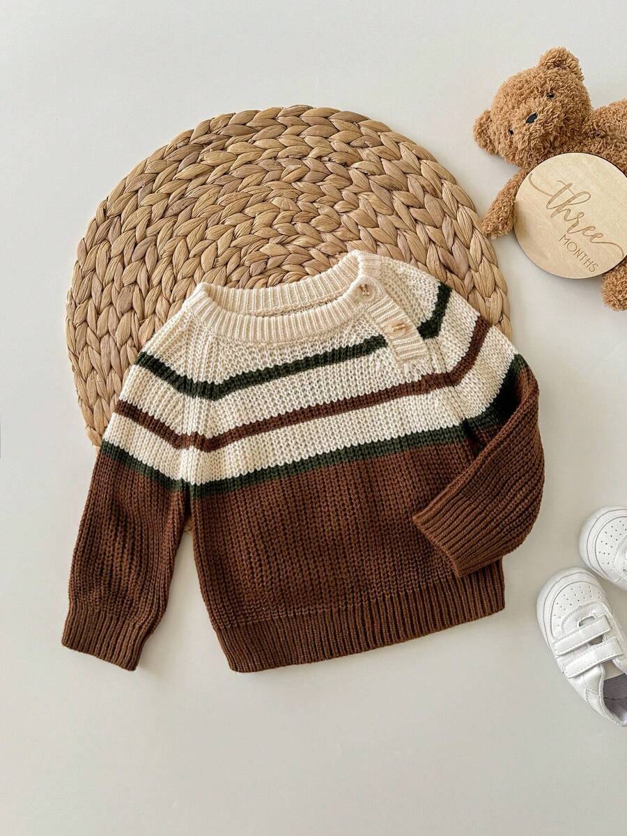 SHEIN Newborn Fashionable Contrast Color Striped Pullover Long Sleeve Sweater Christmas Newborn Outfits, Autumn/Winter
