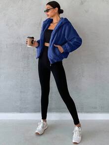 RueChic Túi xéo Thả vai áo có mũ Áo Teddy Jackets - Màu xanh hải quân - Xem 3