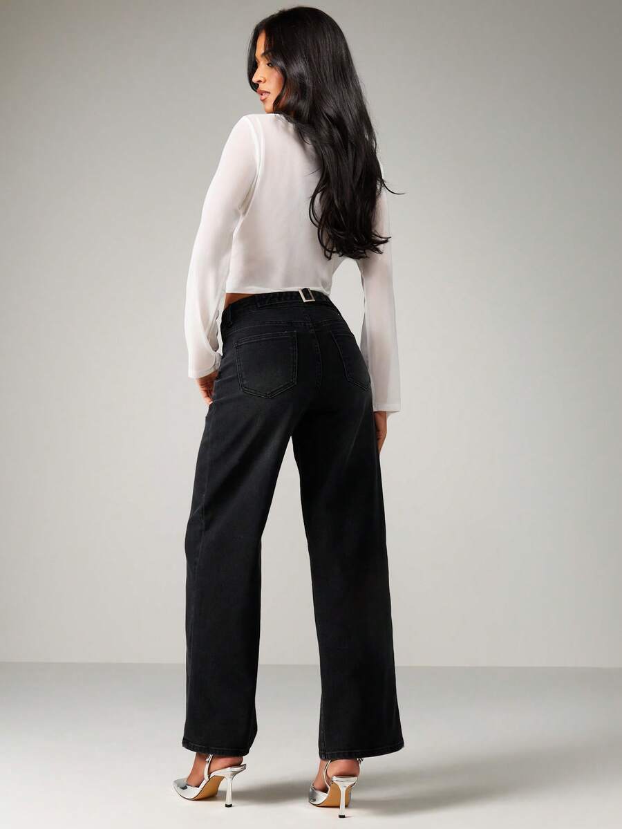 MISSGUIDED 秋冬时尚经典深色水洗阔腿高腰牛仔裤，休闲日常街头风格，全长宽松版型 - 黑色 - 查看 1