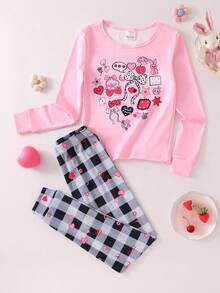 Tween Girls Slogan Plaid Pattern Long Sleeve Leggings Pajama Set - Multicolor - View 3